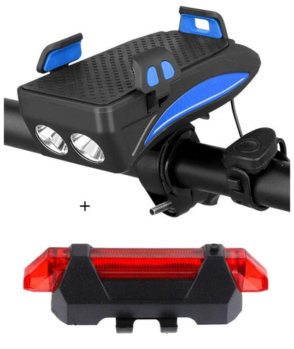 Multifunctional bike mount with horn, lights, and adjustable phone holder for secure storage and charging on the go