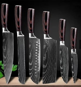 Premium chef knife set with high-performance stainless steel blades, featuring a striking Damascus pattern and ergonomic color-coated handles