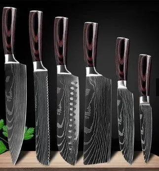 Professional chef knife with laser-etched Damascus pattern on 7Cr17 steel blade and coloured wood handle.