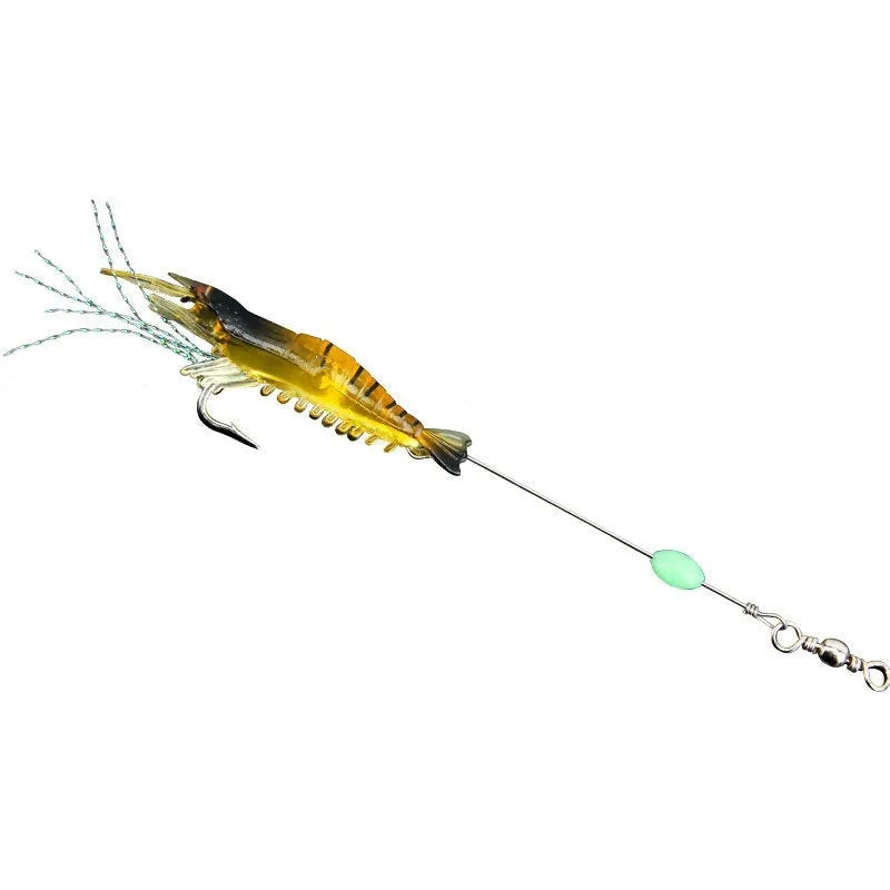 Six soft plastic fishing lures with hooks in various colours including luminous patterns