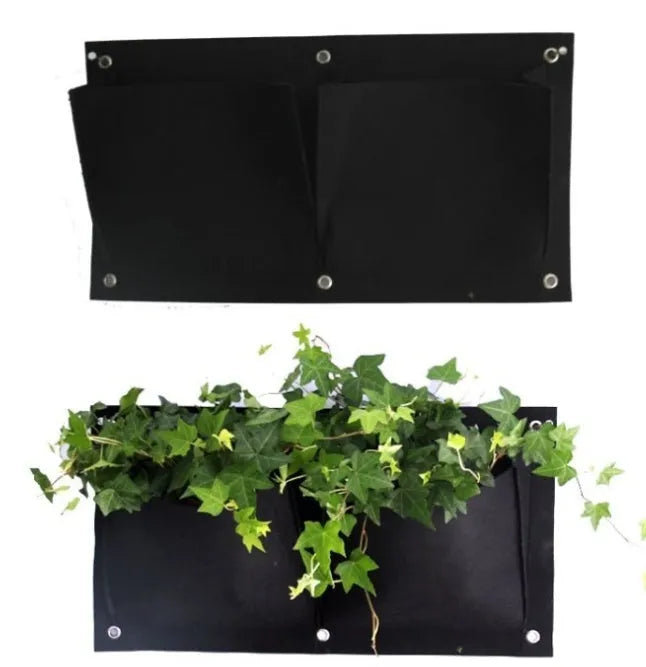 Vertical wall garden planter with multiple planting pockets made from recycled felt material
