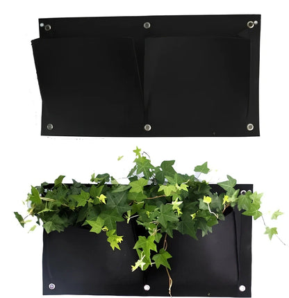 Vertical wall hanging planting bag in grey felt with 18 pockets for indoor outdoor herb and vegetable growth, 102cm tall