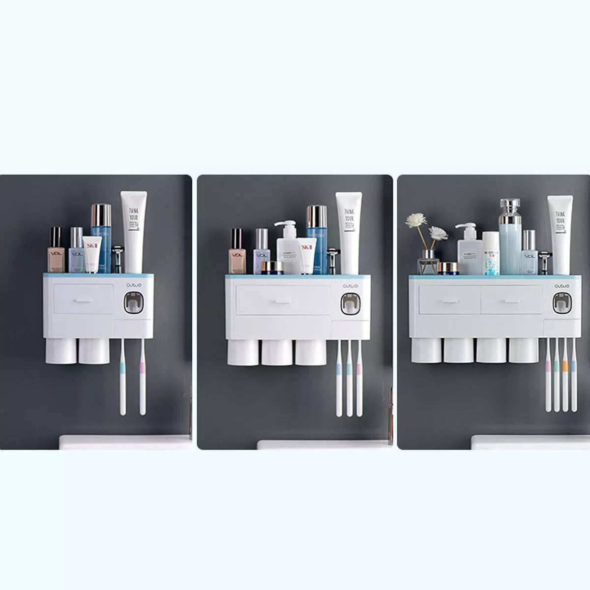 Non-marking hanging magnetic toothbrush holder with toothpaste squeezer and quick-drying cups