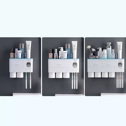 Non-marking hanging magnetic toothbrush holder with toothpaste squeezer and quick-drying cups