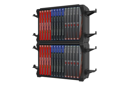 Black ABS PS5 disc holder with game slots and four controller storage compartments