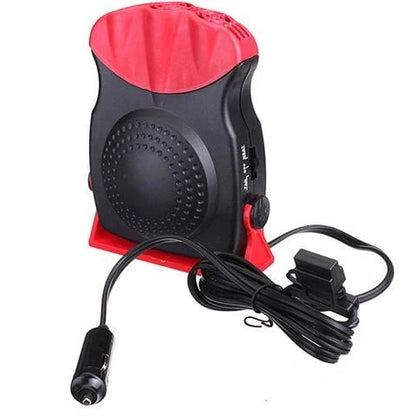 Compact in-car windscreen defroster with dual heating and cooling modes, designed for British drivers to quickly clear frost, mist and condensation for improved visibility and safer driving