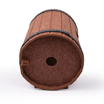 Assembled wine barrel shaped cat bed made from grey polyester felt board.