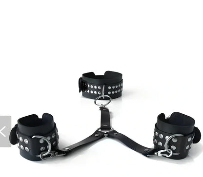 Black leather backhand neckcuffs with adjustable straps and nickel-plated buckles