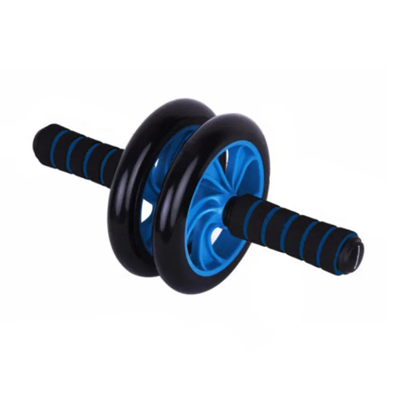 Dark blue double-wheel abdominal roller set with push-up support and palm guard, 16.5cm and 14.5cm rollers