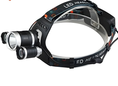 Rechargeable aluminium LED headlamp with adjustable elastic headband and Hawkeye lens.