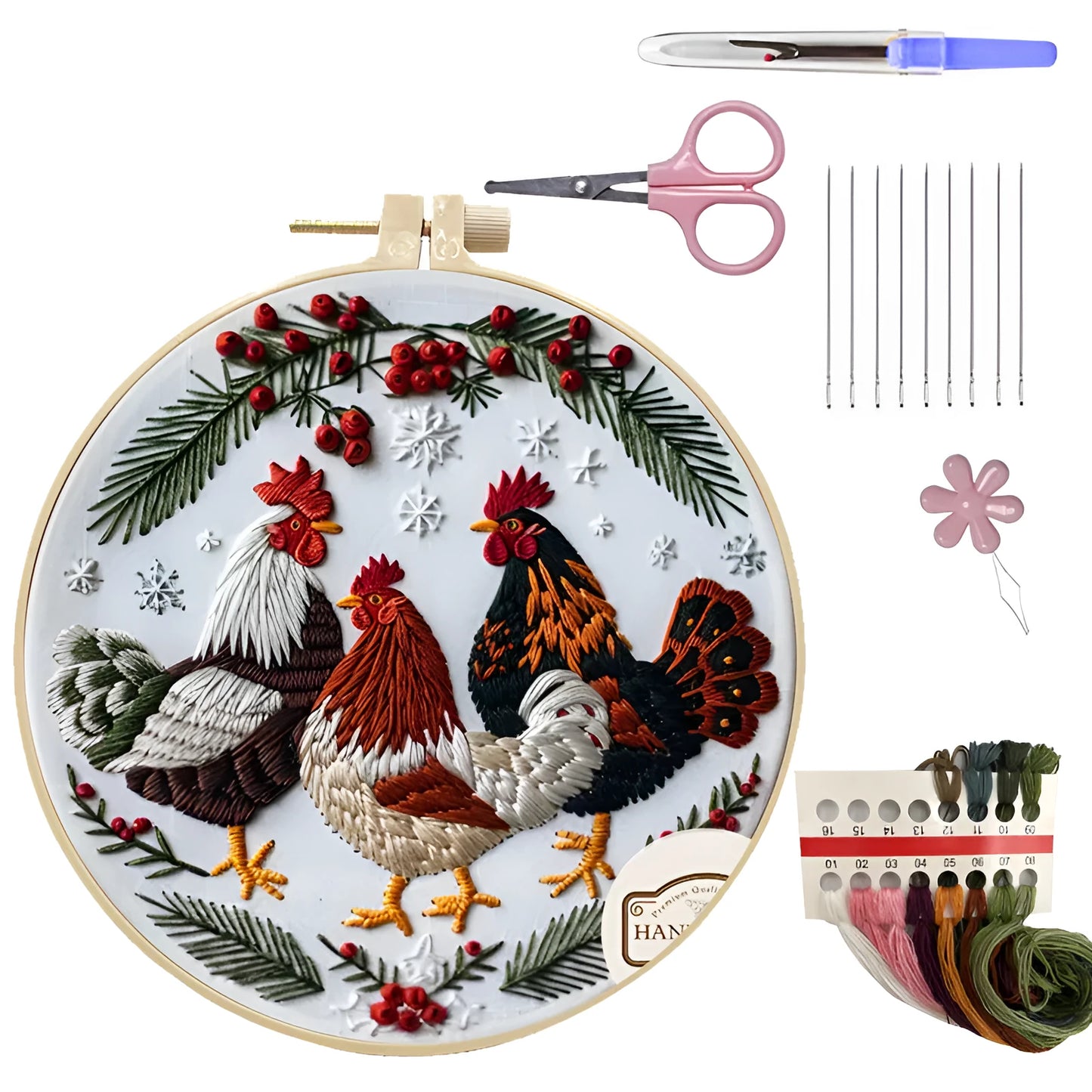 Handmade embroidery kit with cartoon pattern, bamboo frame, scissors, and cotton linen fabric