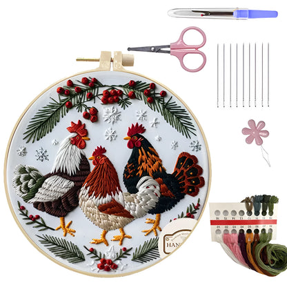 Handmade embroidery kit with cartoon pattern, bamboo frame, scissors, and cotton linen fabric