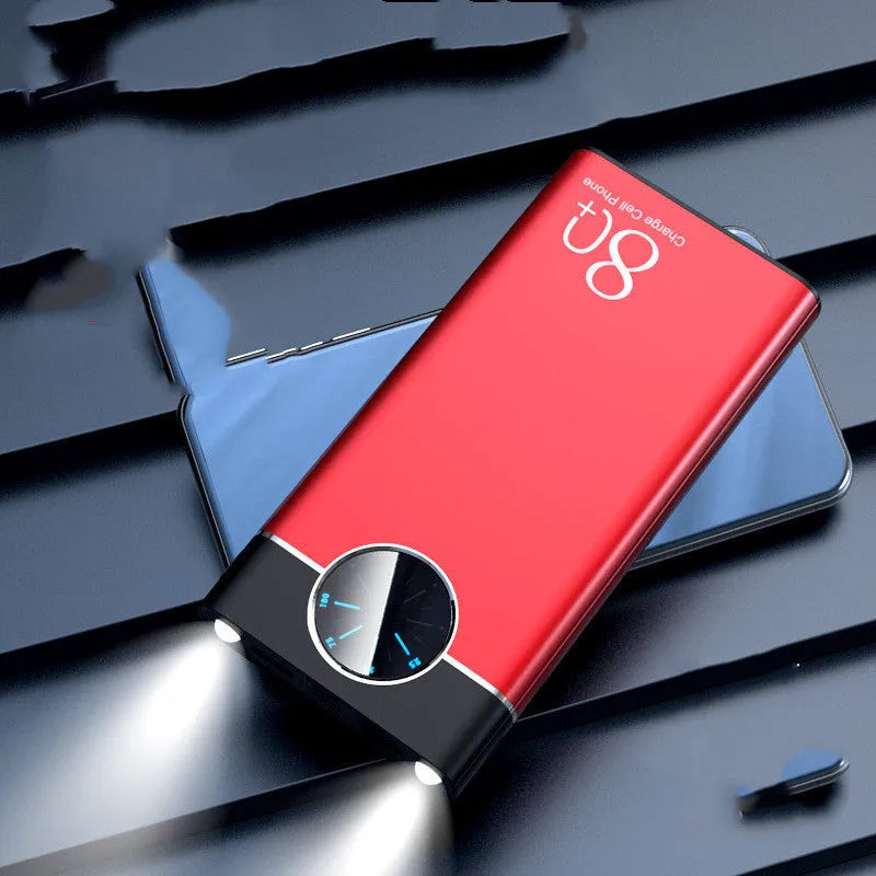 Black, red, and blue coloured 20000mAh fast charging portable power bank with alloy casing.