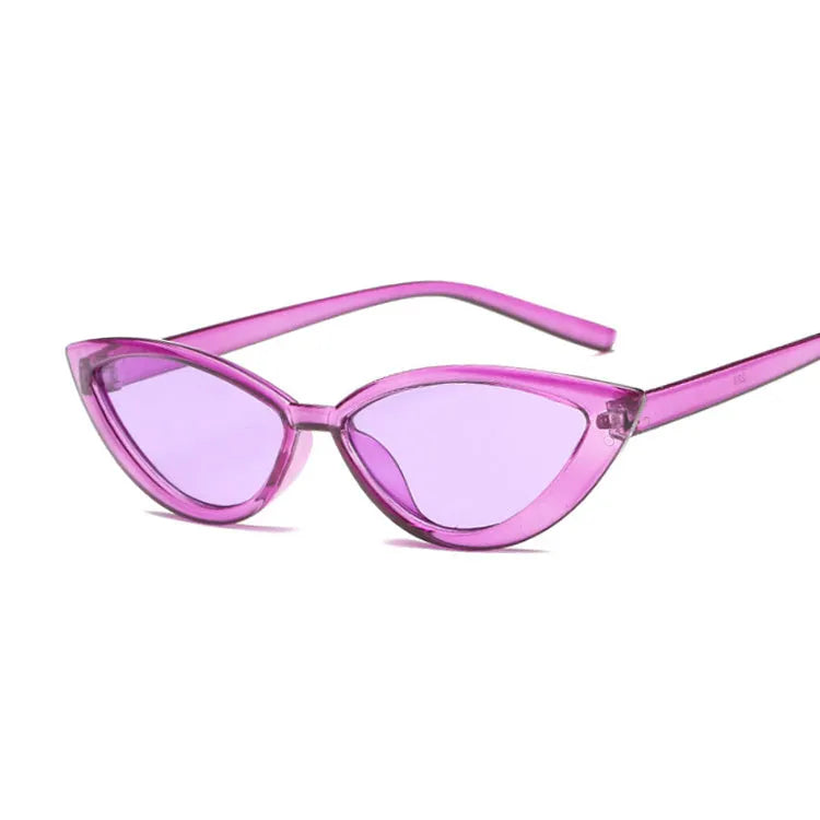Cat eye sunglasses with PC frame, available in black, blue, grey, pink, purple, red, and yellow.