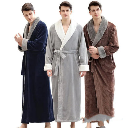 Men's winter long bathrobe in coral fleece, sleeveless no-collar, light grey navy blue brown, sizes M L XL.
