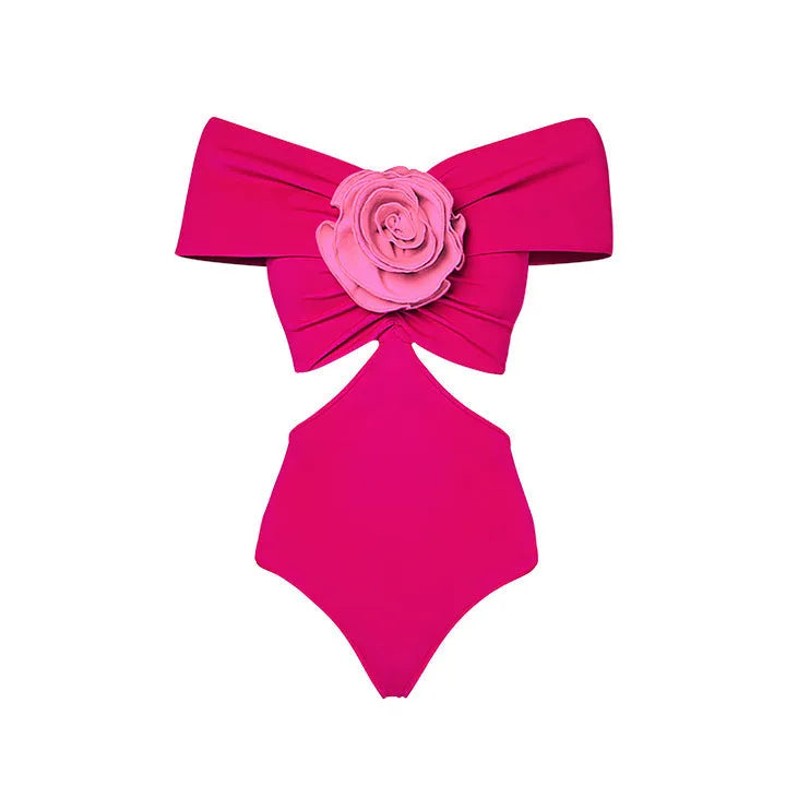 Floral patterned hollow-out one-piece swimsuit for women with a matching skirt.