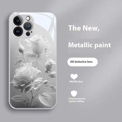 Blooming rose glass painted phone case in red with tempered glass and all-inclusive fit for iPhone 12-15 models