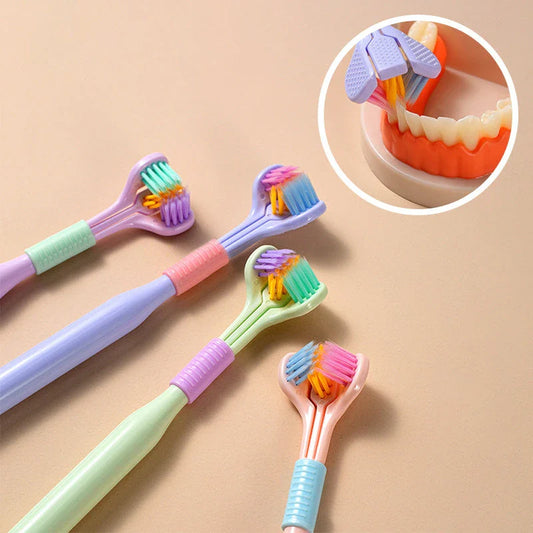 A soft bristle toothbrush with a unique triple-sided brush head for deep cleaning and customizable bristle firmness.