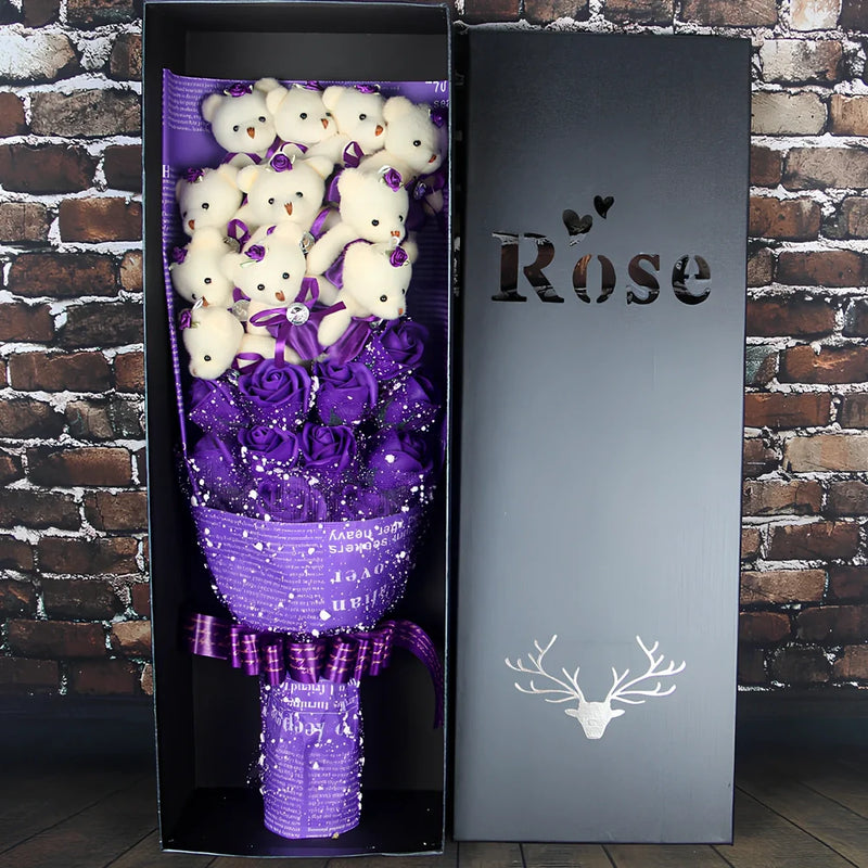 Valentine's Day Handmade Bouquet with 11 Cartoon Bears and Chiffon Roses in Gift Box