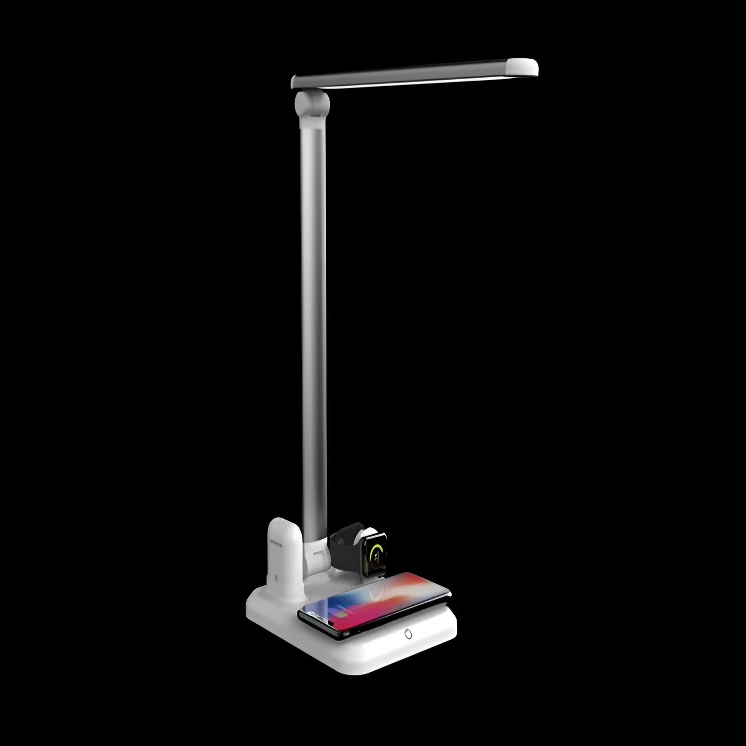 Black and white 4-in-1 multi-function LED desk lamp with wireless charging pad and digital clock display