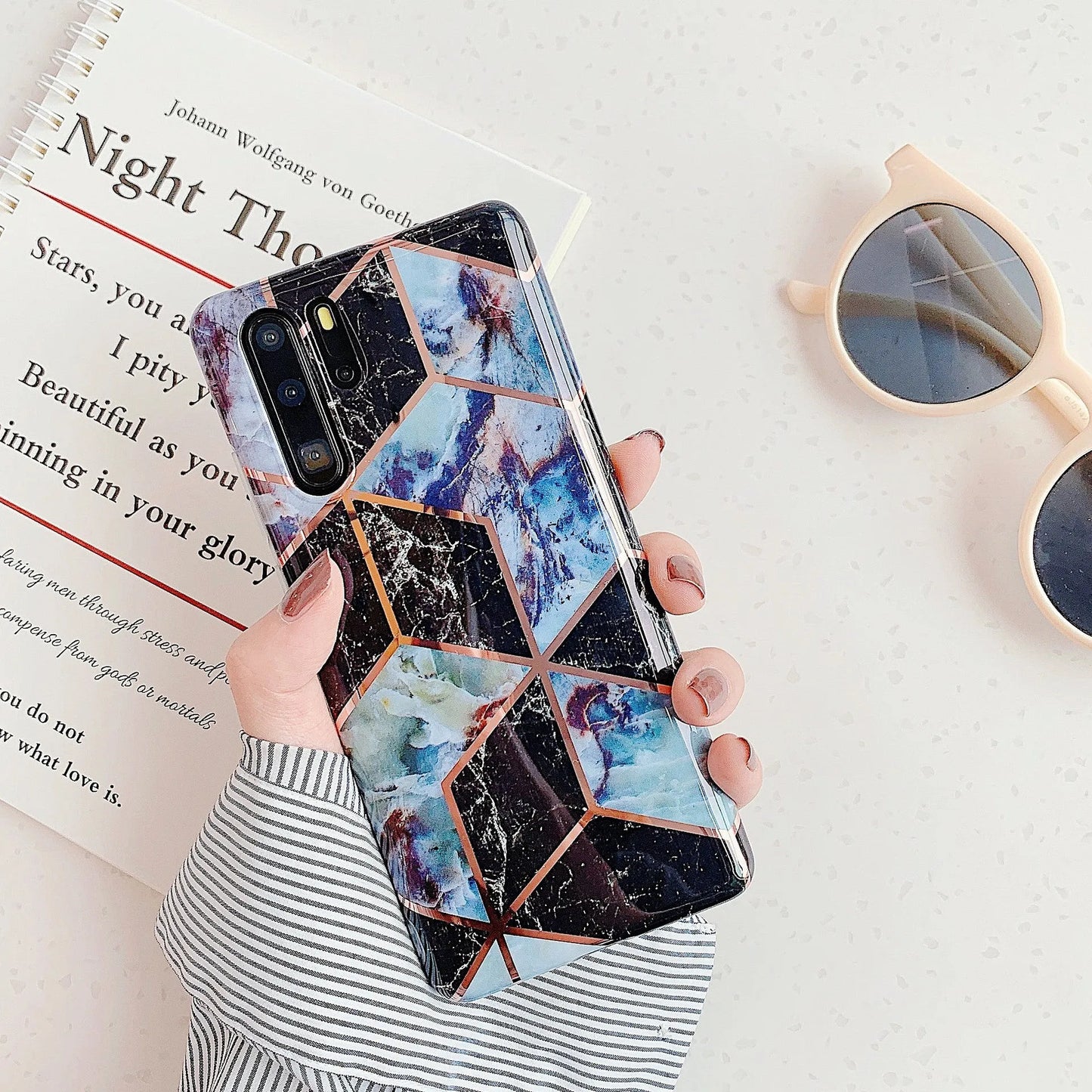 Electroplated marble mobile phone case for Huawei and Samsung smartphones with TPU construction and scratch-resistant finish