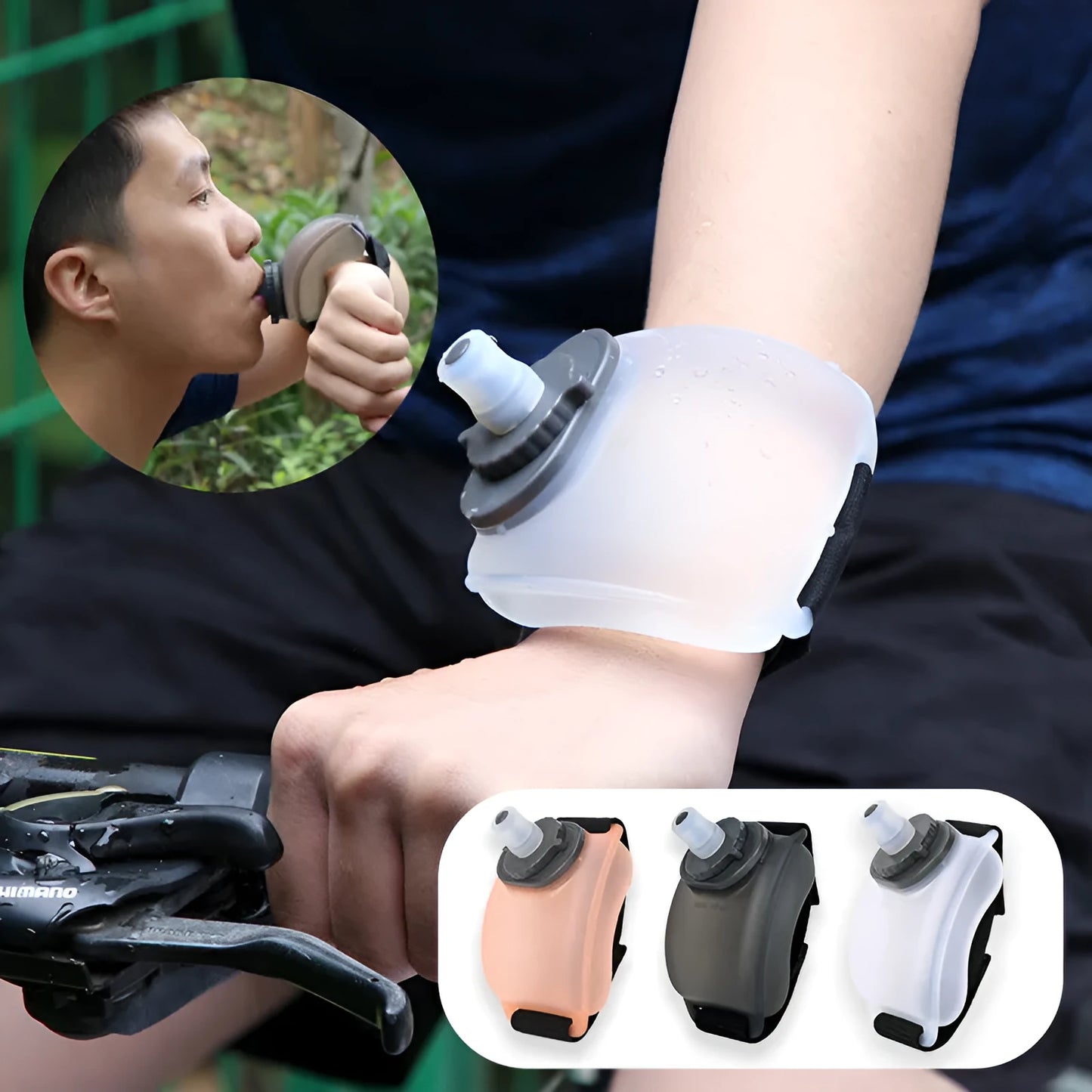 Orange wrist water bottle with Velcro strap showing 200ml capacity and silicone mouthpiece