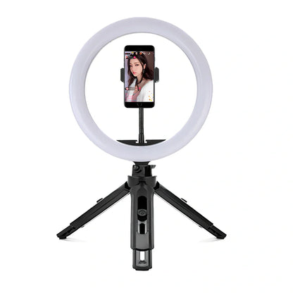10-inch ring selfie light clipped to smartphone with 19cm metal bracket extended, rotatable for even face illumination