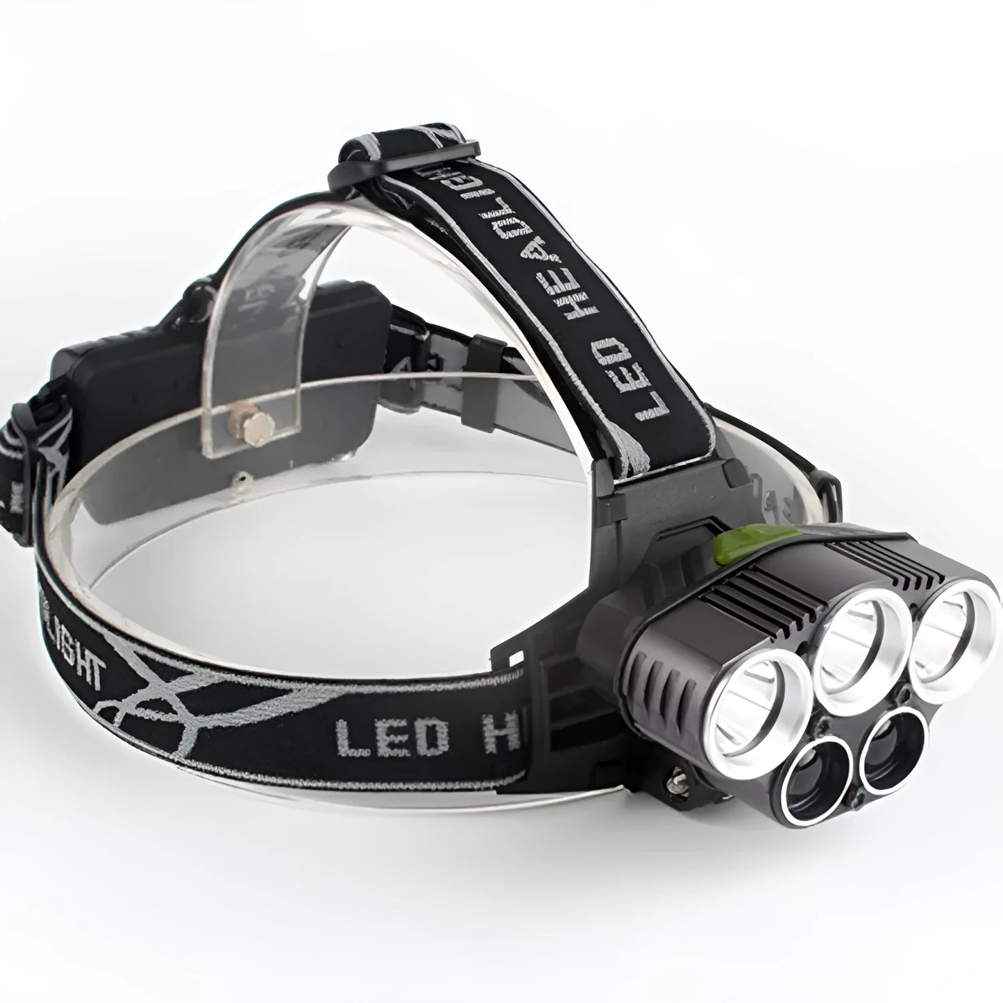 Fixed focus head-mounted outdoor camping light with long-range beam on a head strap.
