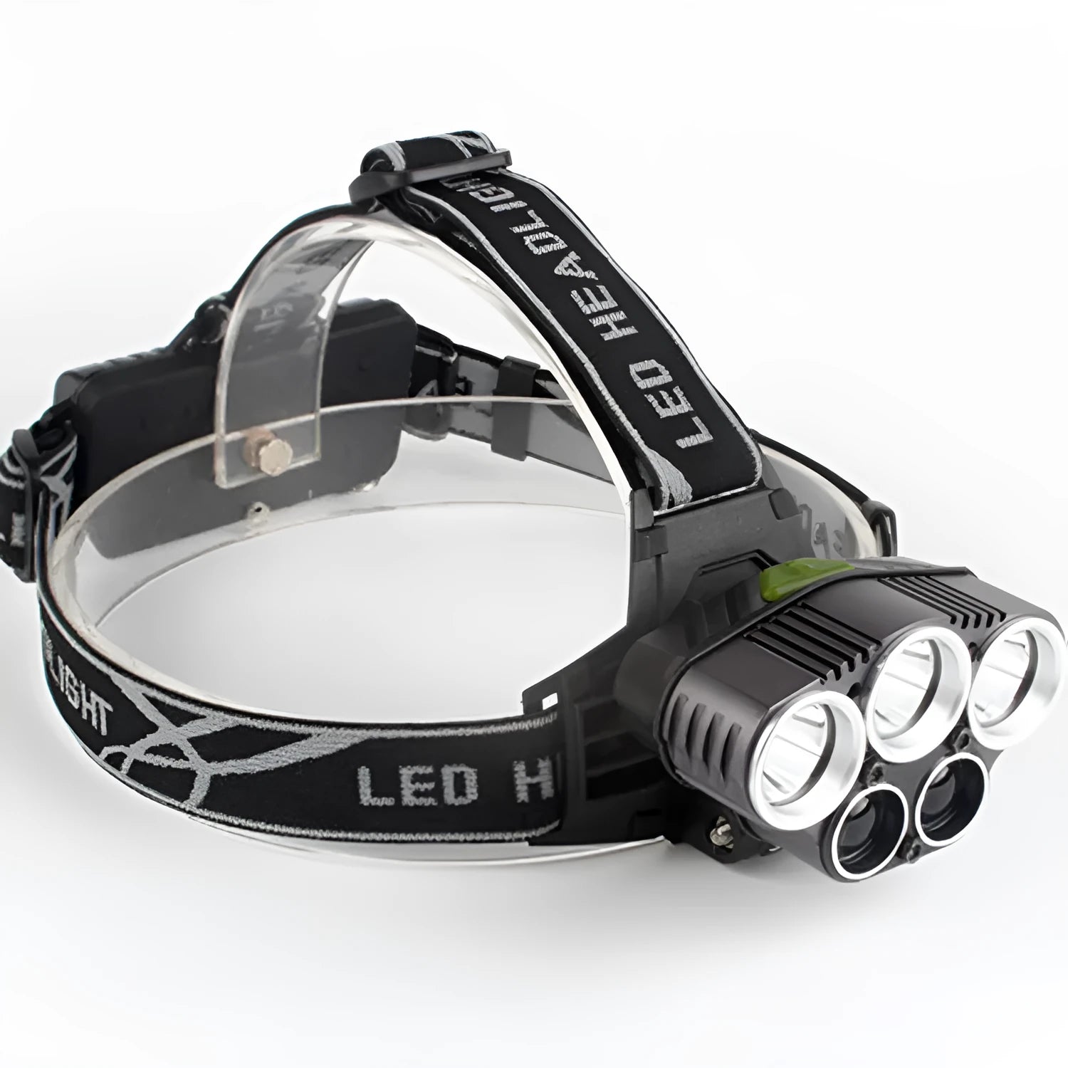 Fixed focus head-mounted outdoor camping light with long-range beam on a head strap.