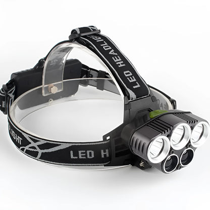 Fixed focus head-mounted outdoor camping light with long-range beam on a head strap.