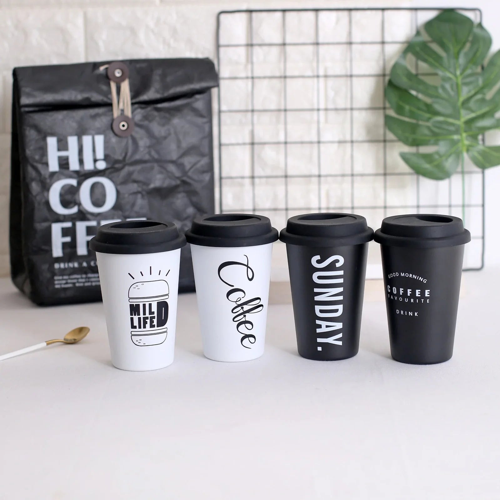 ROKEN stainless steel drinking cup with screw-on lid and reusable straw in COFFEE black colour