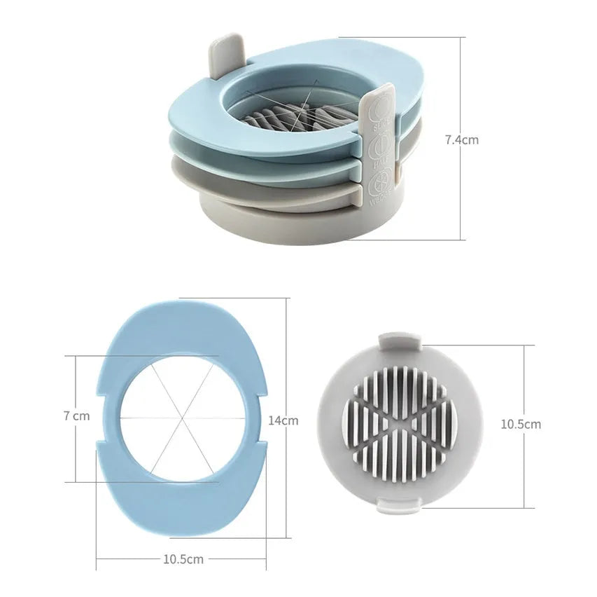 Three-function manual egg cutter in blue with stackable design for kitchen use