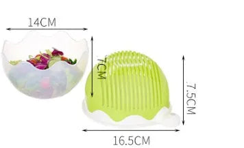 Blue salad cutter bowl showing cutting lid with seams, drain basket function, and reversible base plate