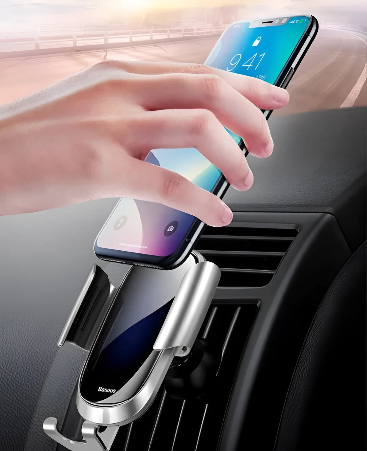 Universal smart car phone bracket with adjustable arm and 360-degree rotation in black, blue, and silvery colours.