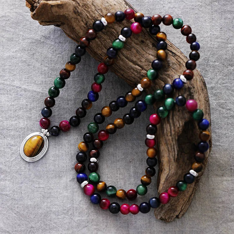 6mm coloured tiger-eye natural stone meditation necklace and bracelet set with 108 pendants, unisex jewellery featuring beads with crown, wings, infinite symbol, and heart motifs, 61cm to 70cm adjustable length