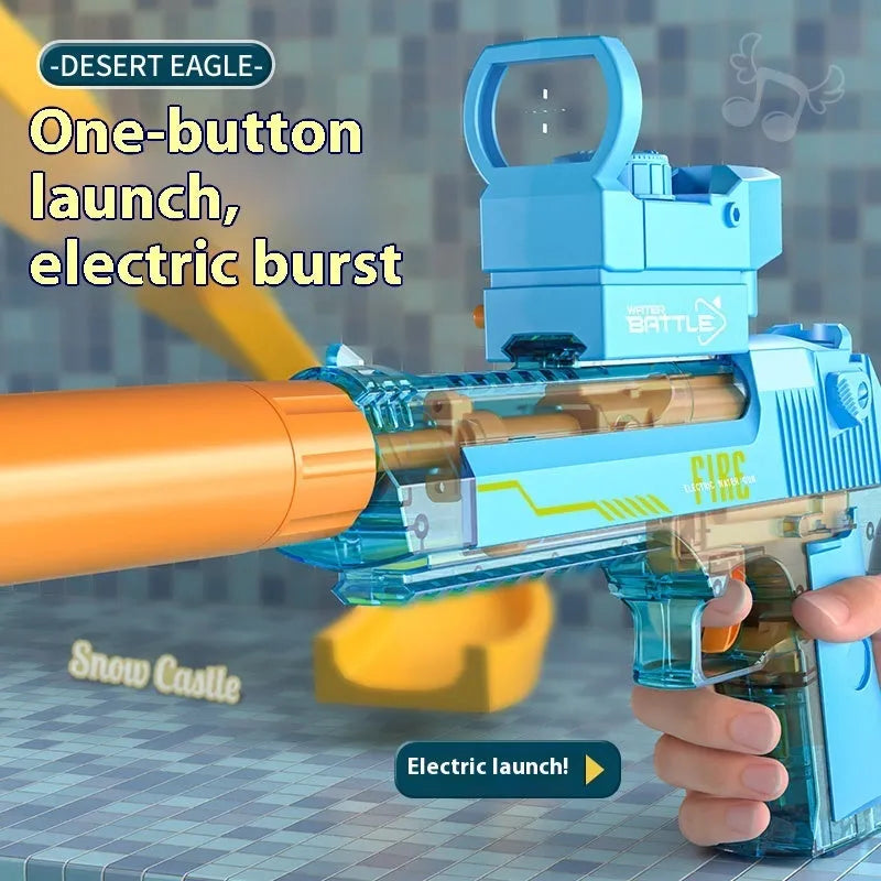 Automatic electric water gun toy with Desert Eagle linkage design, ammunition drum, silencer, and telescopic sight, 41.1cm long
