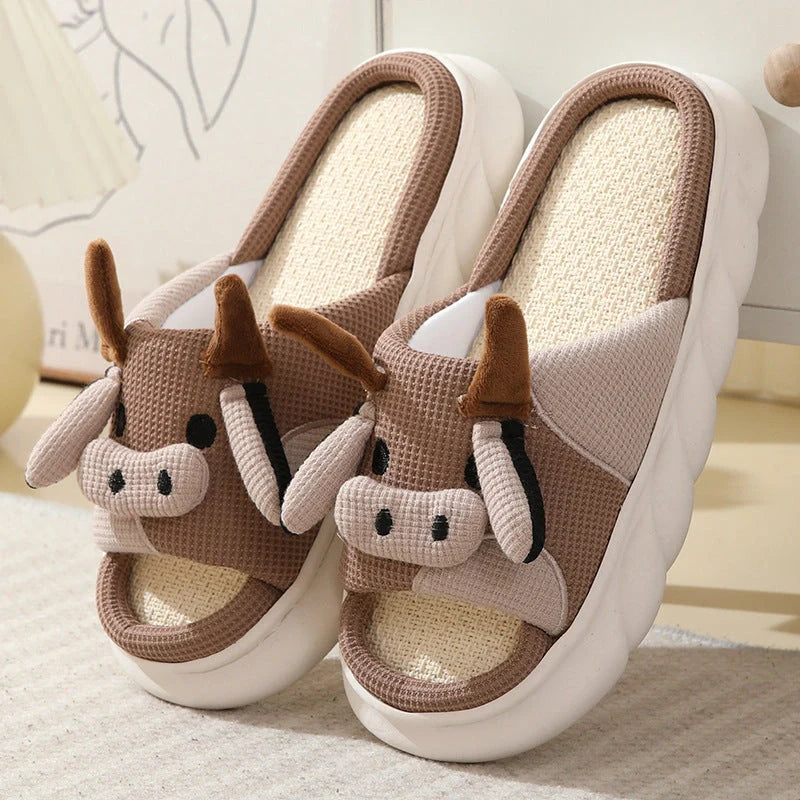 Cartoon Cow Frog Linen Slippers with non-slip PVC sole in various colours