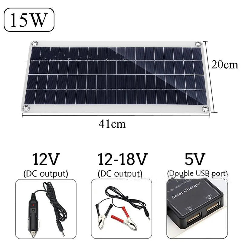 Polysilicon solar panel with dual USB ports for outdoor charging of mobile phones and tablets.