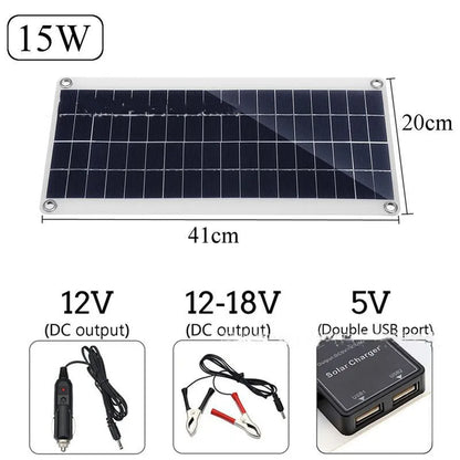Polysilicon solar panel with dual USB ports for outdoor charging of mobile phones and tablets.