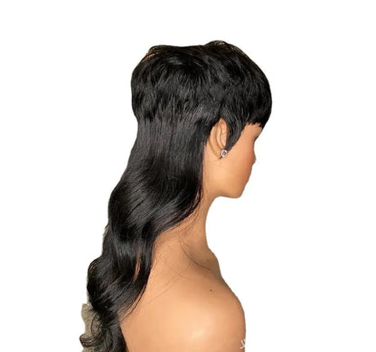 Black long synthetic Brazilian wig with short front bangs and wavy texture.