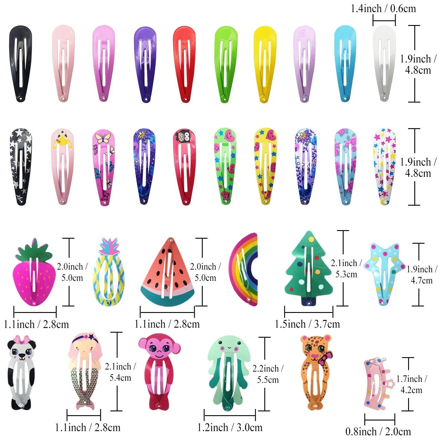 Assortment of 100 hair clips with cartoon designs including animals, fruits, crowns and stars in bright colours