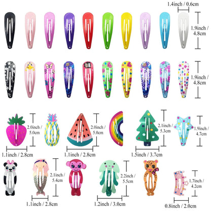 Assortment of 100 hair clips with cartoon designs including animals, fruits, crowns and stars in bright colours