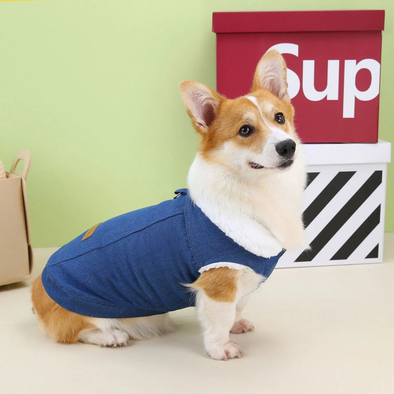 Corgi dog clothes denim cotton coat available in dark blue or light blue colours, sizes S to 4XL, constructed from cotton material, featuring a denim-style aesthetic suitable for everyday canine wear and outdoor occasions.