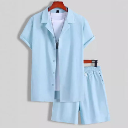 Men's short sleeve Cuban collar sport suit set with matching polyester shorts in multiple colour options