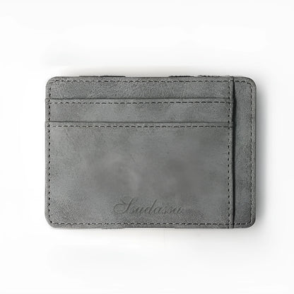 Korean style matte leather magic wallet showing horizontal square design and coin pocket