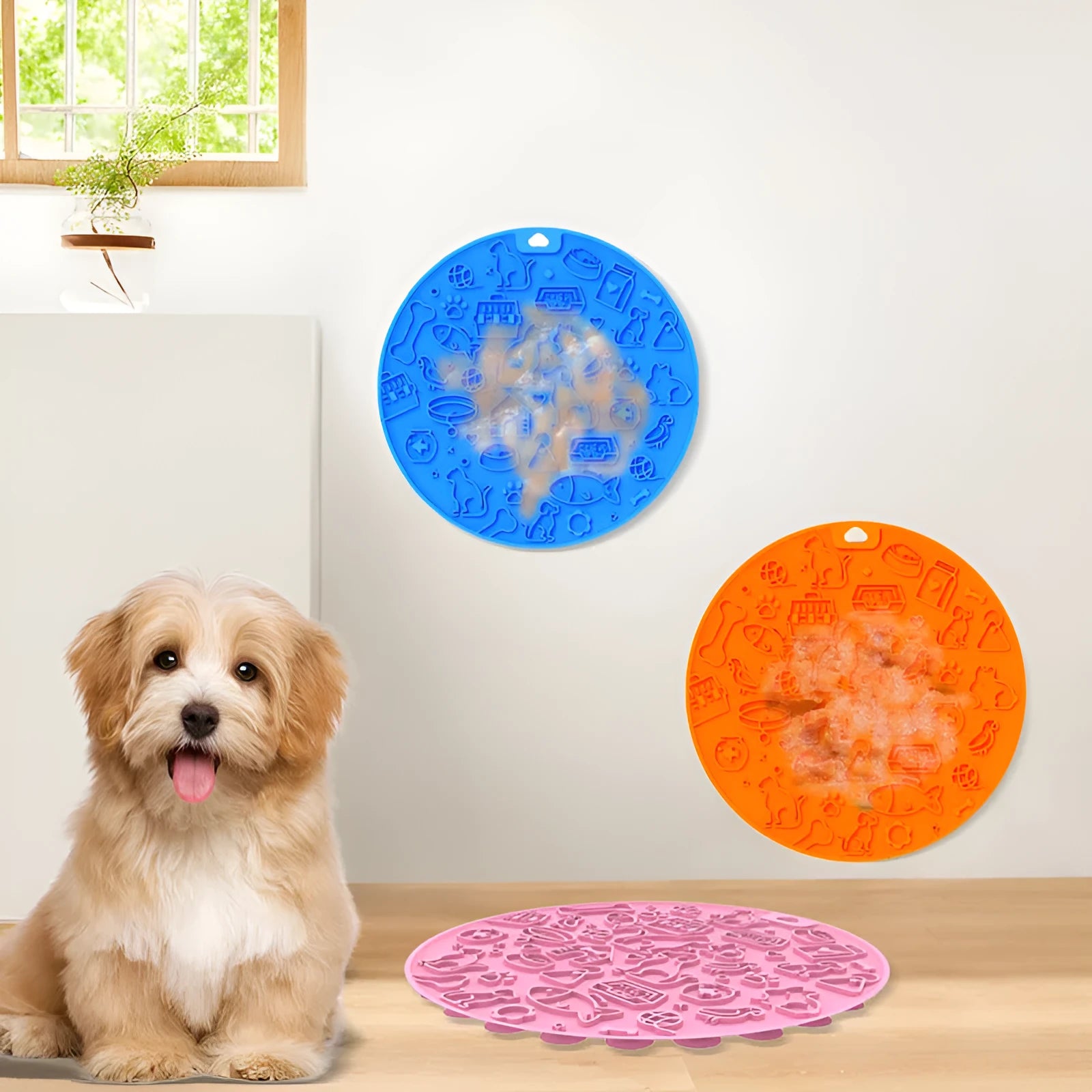 Round blue silicone pet licking mat with textured surface and a clear central suction cup, shown on a tile floor.