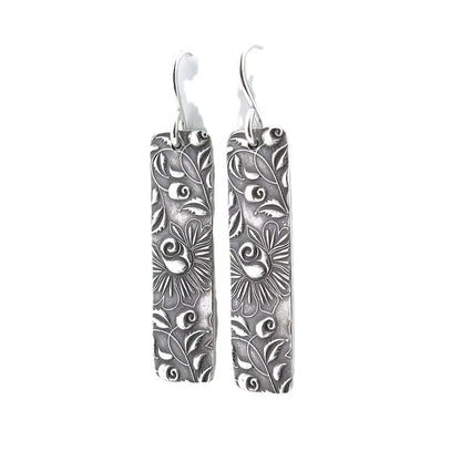 Geometric long earrings with carved vine pattern in silver zinc alloy