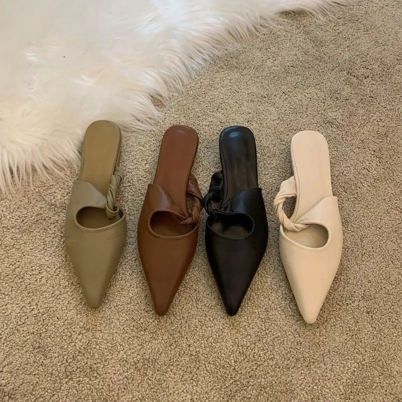 Women's Slippers Soft Leather Semi-toe Box Design Spring Interest Slippers Indoor House Shoes in Black, Dark Brown, Khaki, or Cream-White in Sizes 35 to 39