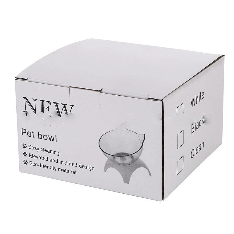 Tilted cat and dog bowls with raised stand, designed to reduce neck strain and protect cervical vertebrae.