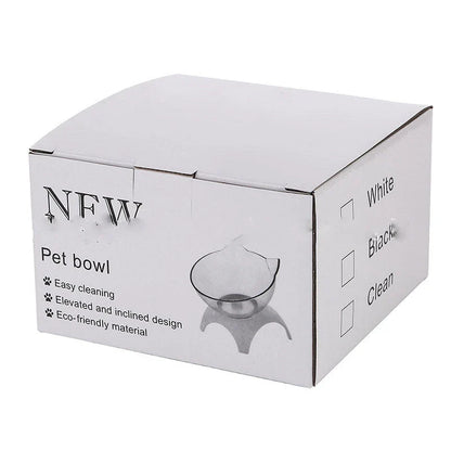 Tilted cat and dog bowls with raised stand, designed to reduce neck strain and protect cervical vertebrae.